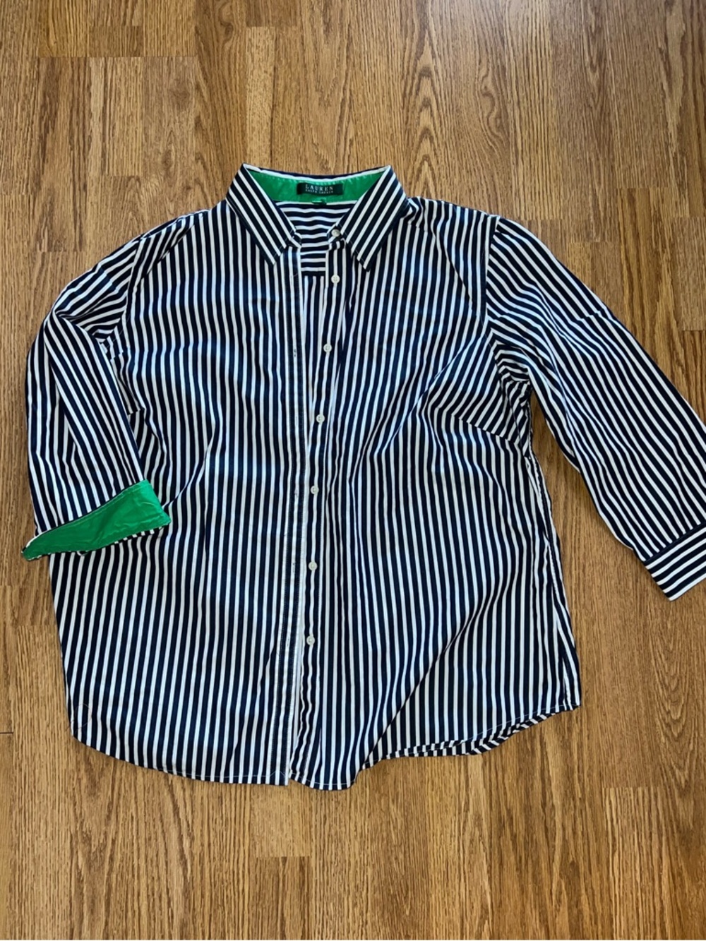 Lauren Ralph Lauren Black & White Vertical Stripe Button-Down with Green Accents